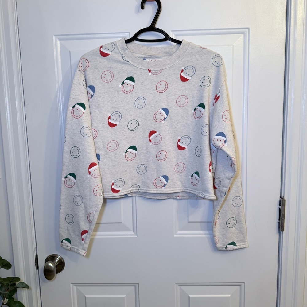 American Eagle Outfitters Gray Crop Top with Festive Print